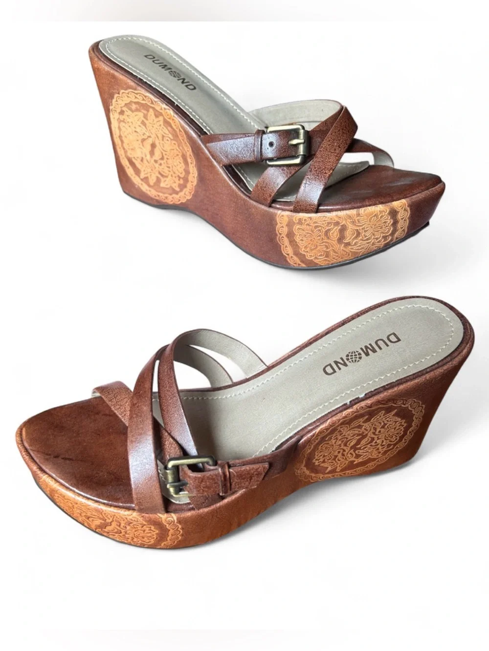 Brazilian Dumond Leather Brown Floral-Embossed Wedge Sandals
